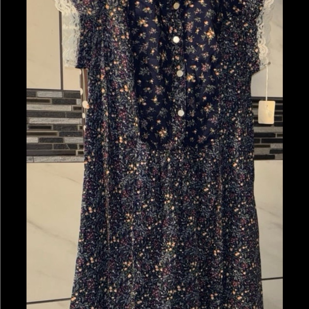 Girls' Navy Floral Lace-Trim Dress